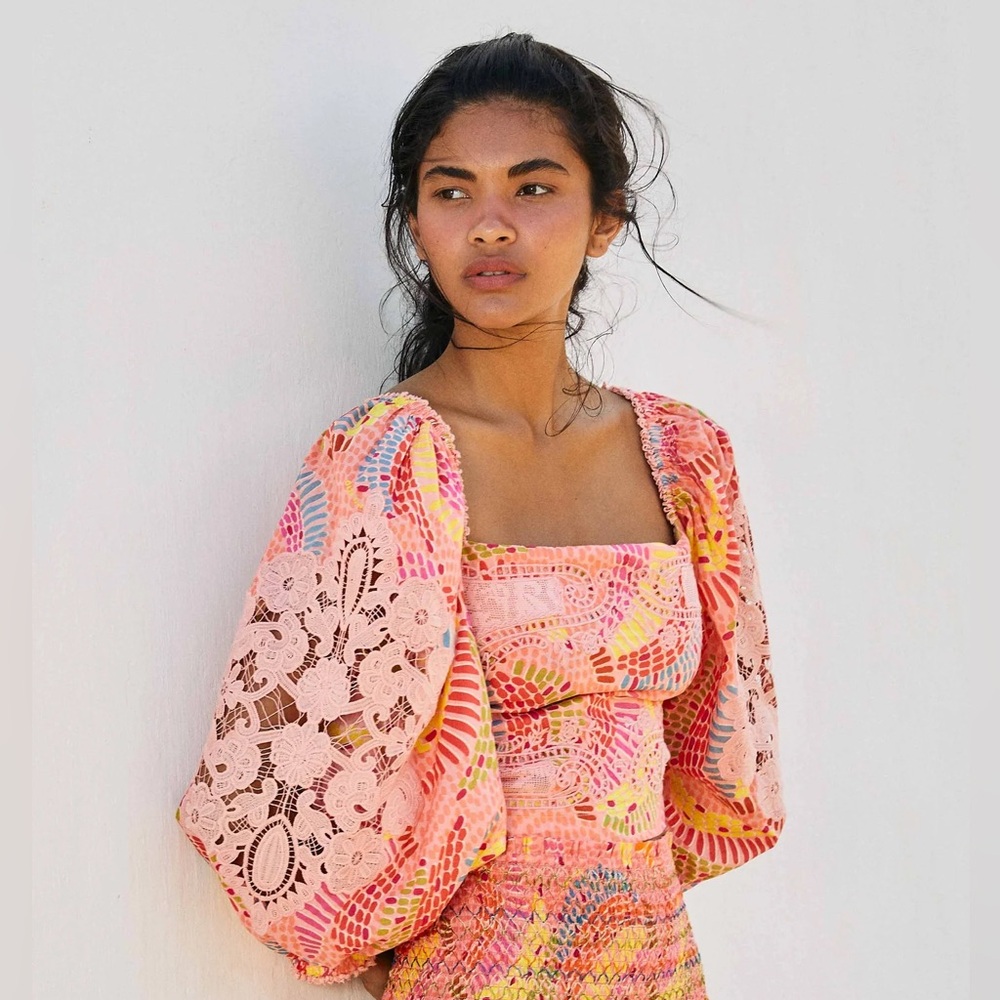 Farm Rio Pink and Yellow Dotted Bananas Cropped Lace Panel Sleeve Blouse